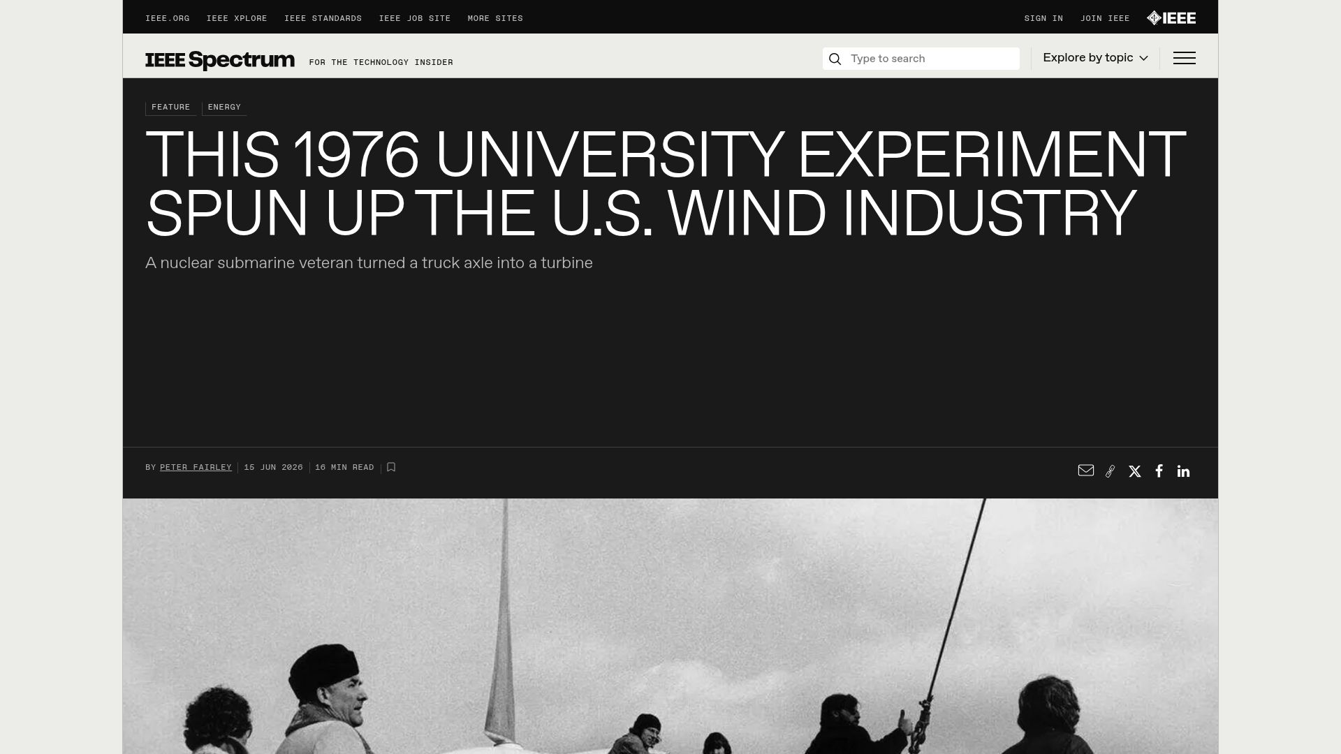Screenshot of spectrum.ieee.org: A 1976 university experiment spun up the U.S. wind industry