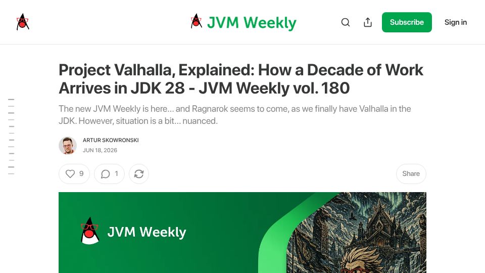 Screenshot of jvm-weekly.com: Project Valhalla, Explained: How a Decade of Work Arrives in JDK 28