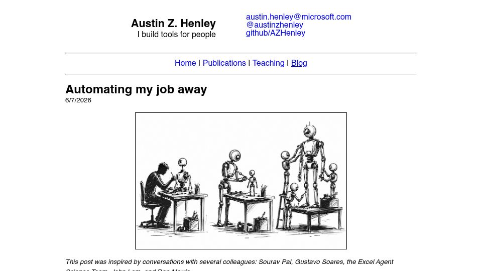 Screenshot of austinhenley.com: Automating my job away