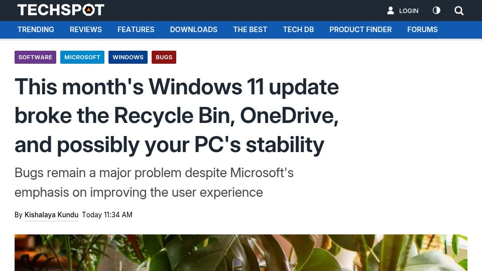 Screenshot of techspot.com: Windows 11 update broke the Recycle Bin, OneDrive, and your PC's stability