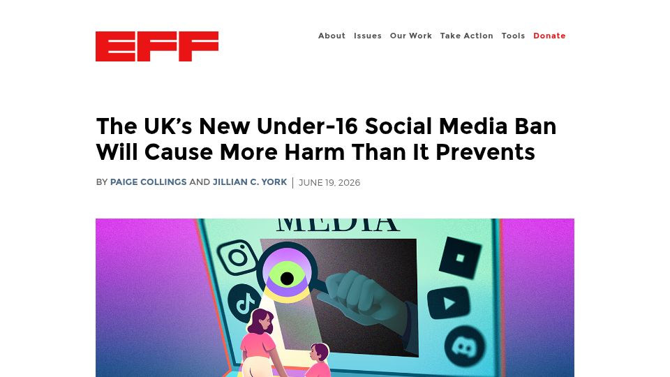 Screenshot of eff.org: The UK's New Under-16 Social Media Ban Will Cause More Harm Than It Prevents