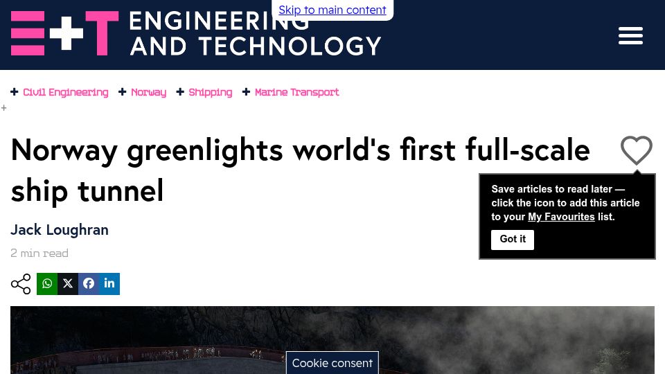Screenshot of eandt.theiet.org: Norway greenlights first full-scale ship tunnel