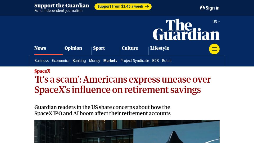 Screenshot of theguardian.com: Americans express unease over SpaceX's influence on retirement savings
