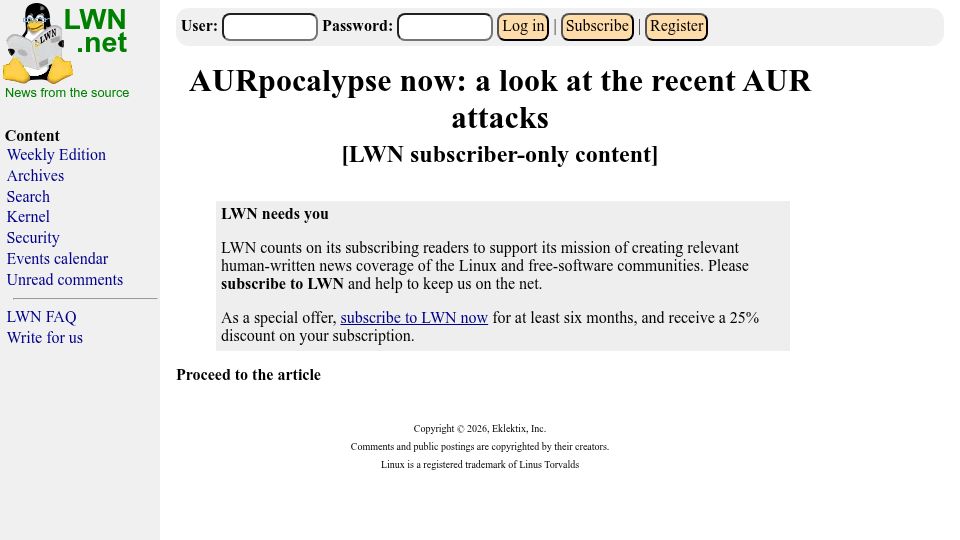 Screenshot of lwn.net: AURpocalypse now: a look at the recent AUR attacks