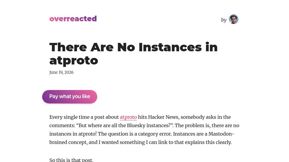 Screenshot of overreacted.io: There are no instances in ATProto