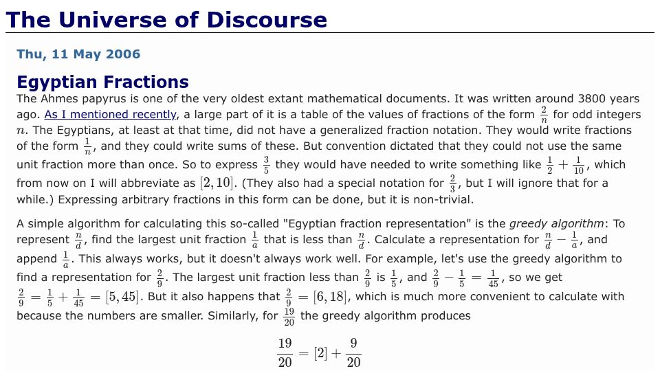 Screenshot of blog.plover.com: Egyptian Fractions (2006)