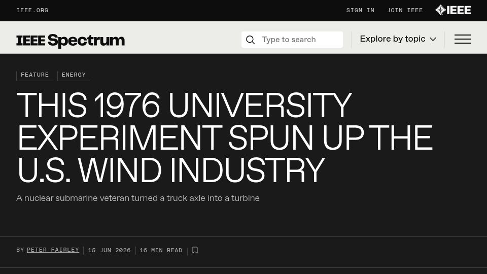 Screenshot of spectrum.ieee.org: A 1976 university experiment spun up the U.S. wind industry