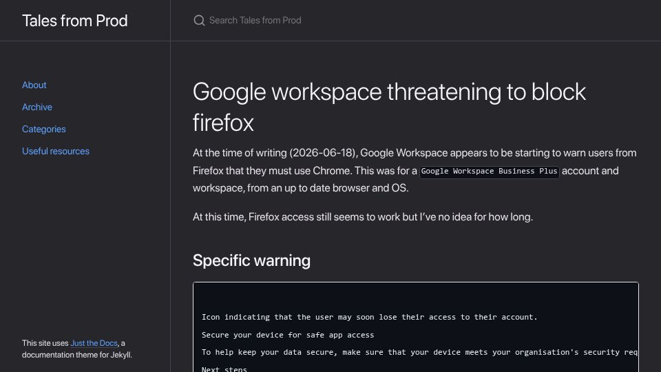 Screenshot of tales.fromprod.com: Google workspace threatening to block Firefox access