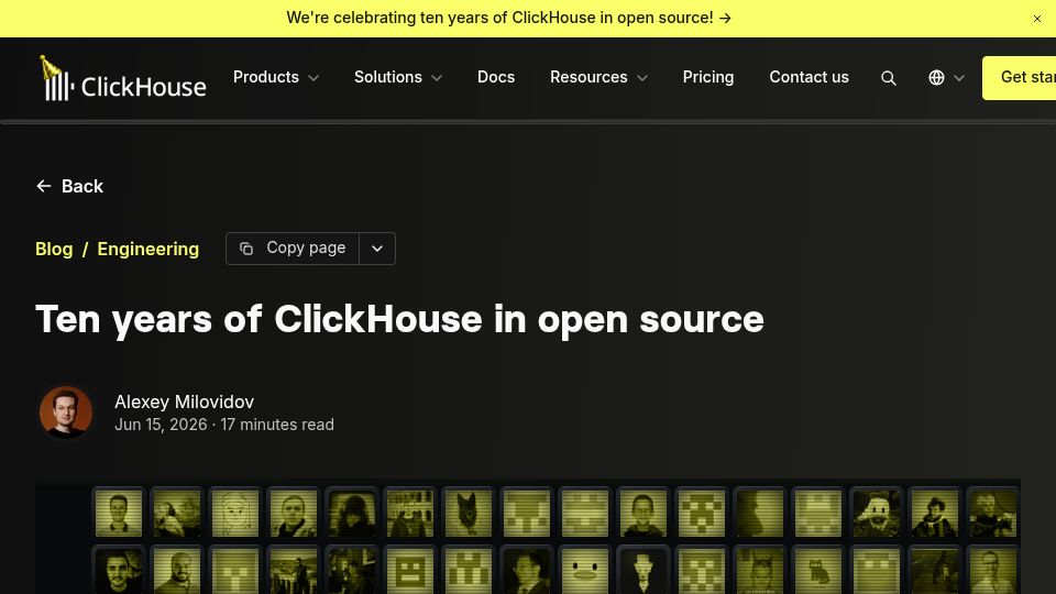 Screenshot of clickhouse.com: Ten years of ClickHouse in open source