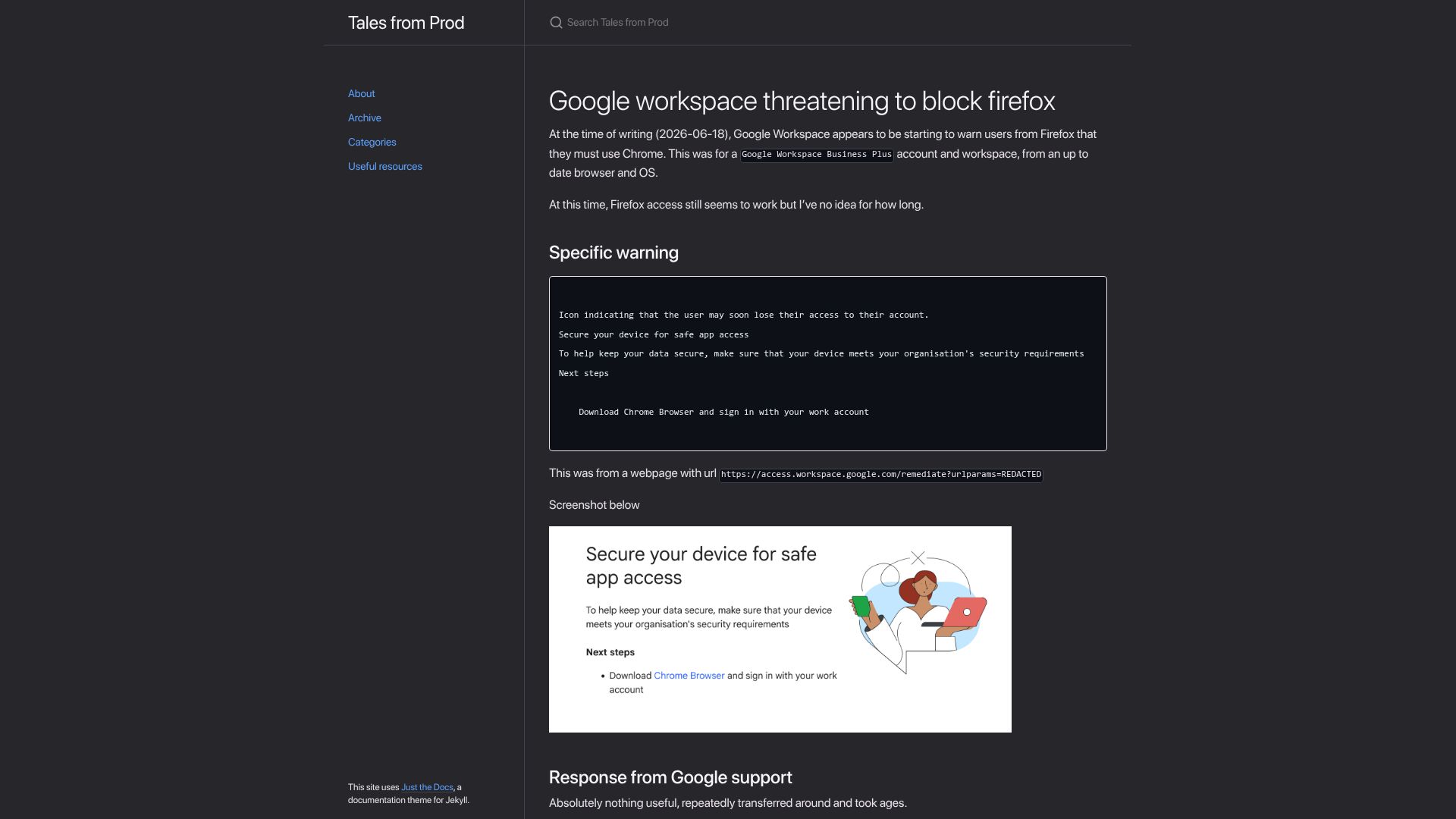 Screenshot of tales.fromprod.com: Google workspace threatening to block Firefox access