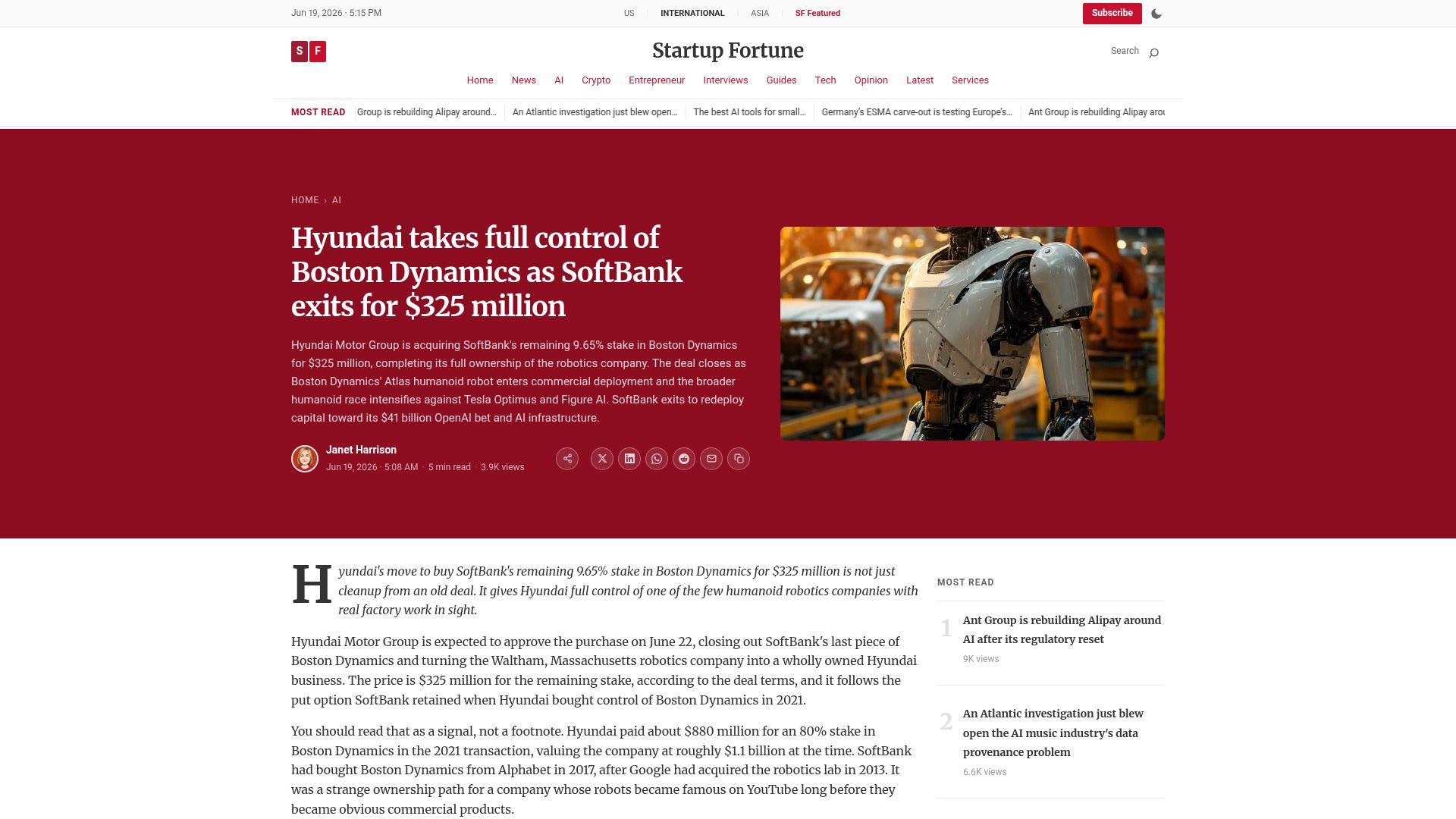 Screenshot of startupfortune.com: Hyundai buys Boston Dynamics