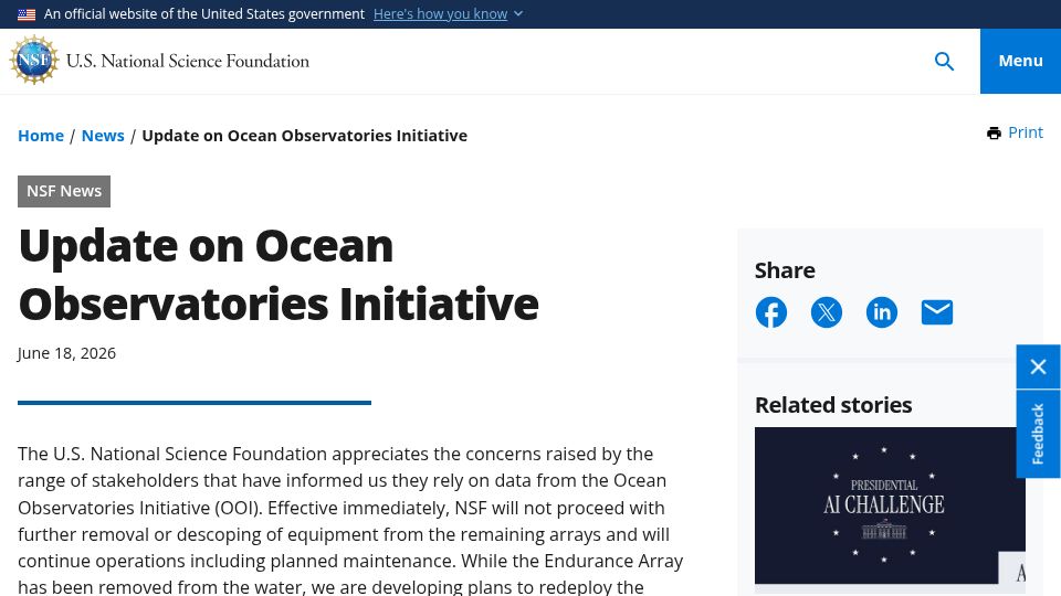Screenshot of nsf.gov: Update on Ocean Observatories Initiative