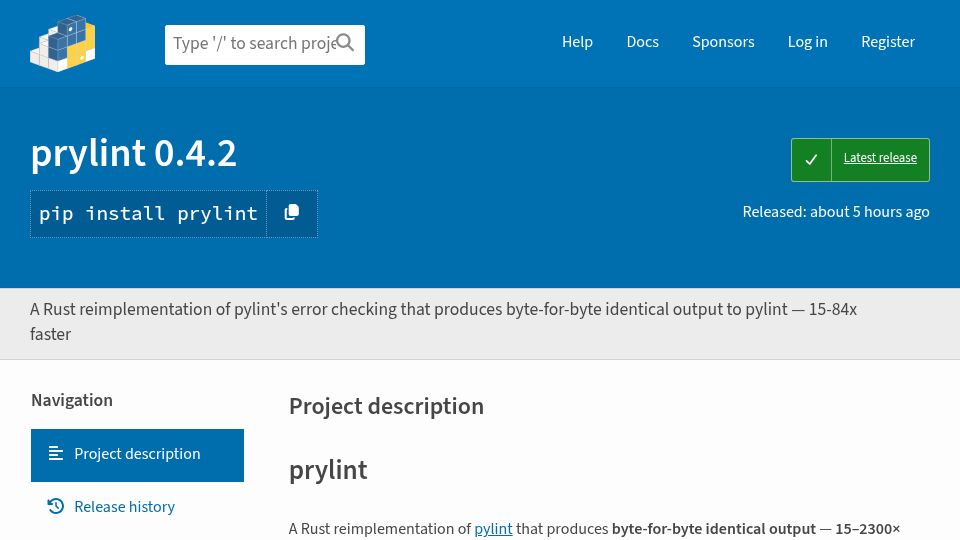Screenshot of pypi.org: Fable Converted Pylint to Rust