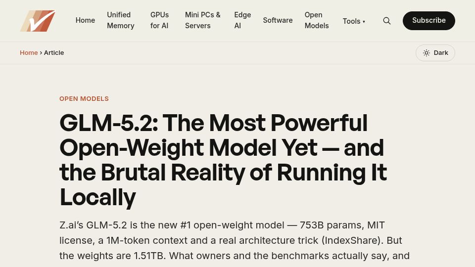 Screenshot of vettedconsumer.com: GLM-5.2: The Most Powerful Open Model yet and the Brutal Reality of Running It