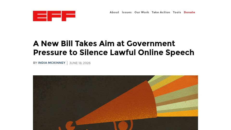 Screenshot of eff.org: A new bill takes aim at government pressure to silence lawful online speech