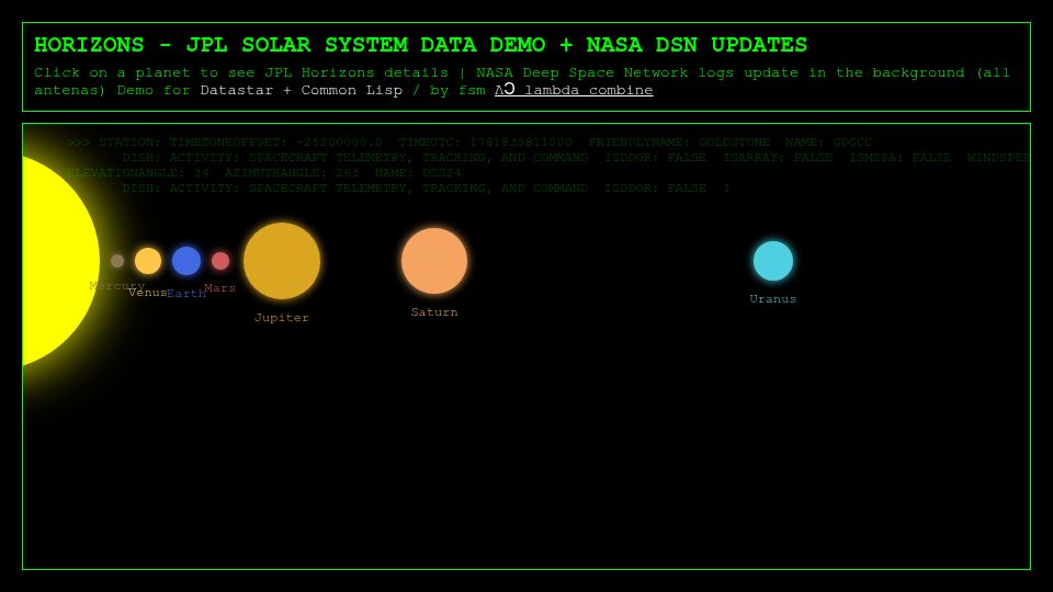 Screenshot of horizons.lambda-combine.net: Horizons JPL Solar System Data Demo and NASA DSN Updates: Datastar, Common Lisp