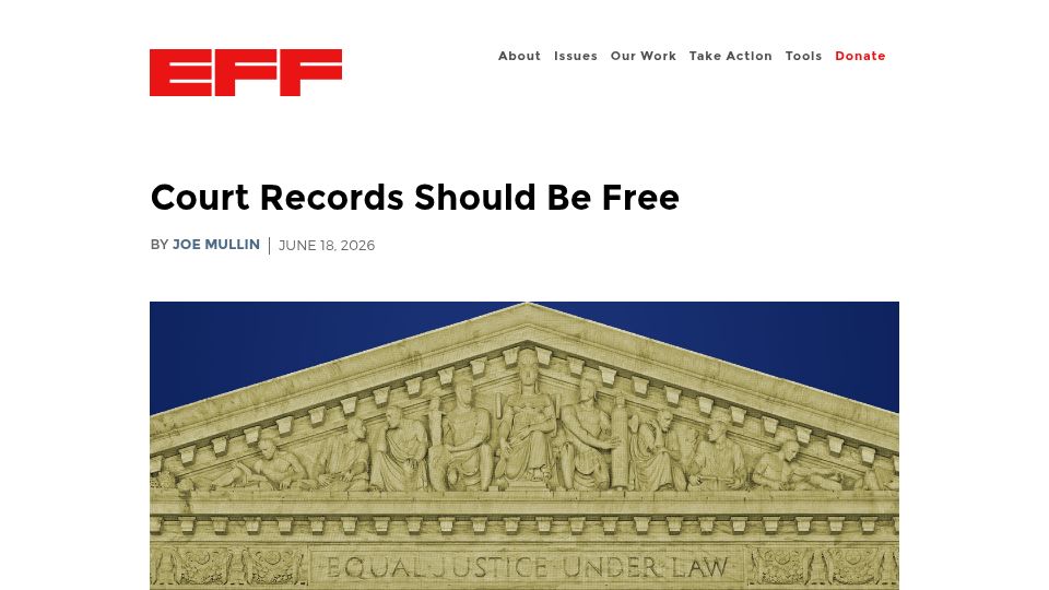 Screenshot of eff.org: Court Records Should Be Free