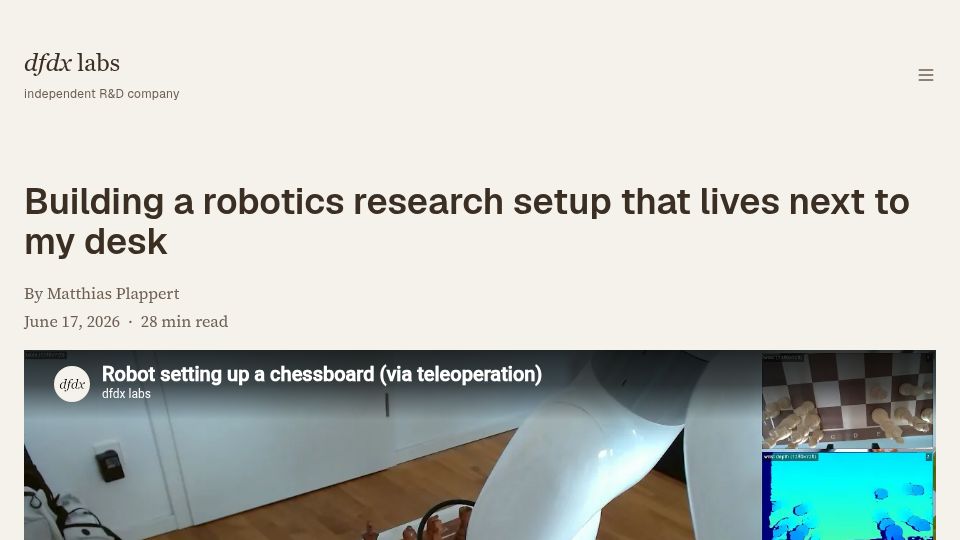 Screenshot of dfdxlabs.com: Building a robotics research setup that lives next to my desk