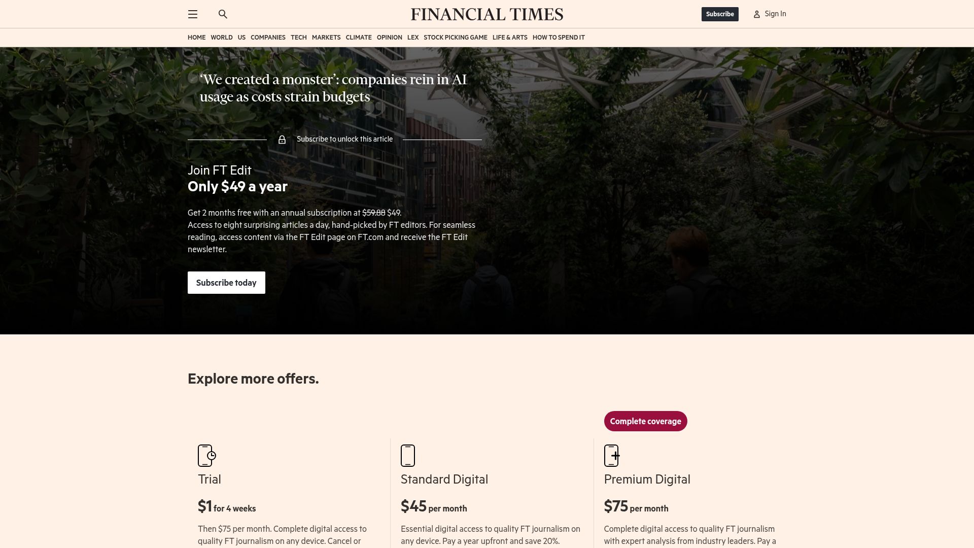 Screenshot of ft.com: Companies rein in AI usage as costs strain budgets