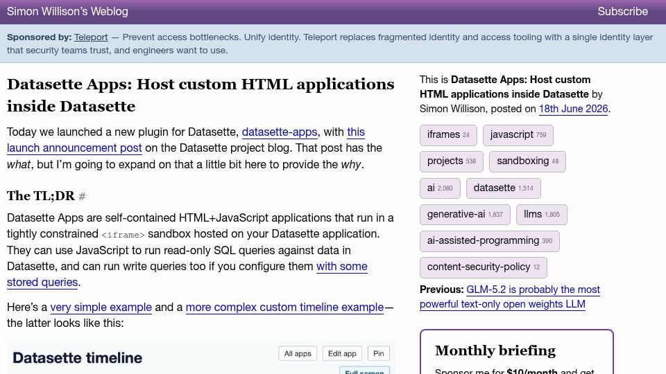 Screenshot of simonwillison.net: Datasette Apps: Host custom HTML applications inside Datasette