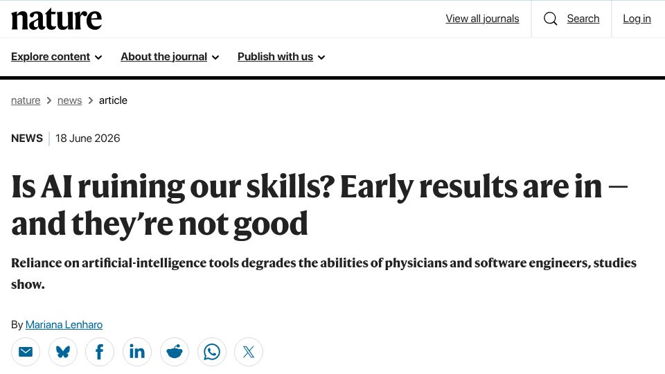 Screenshot of nature.com: Is AI ruining our skills? Early results are in – and they're not good