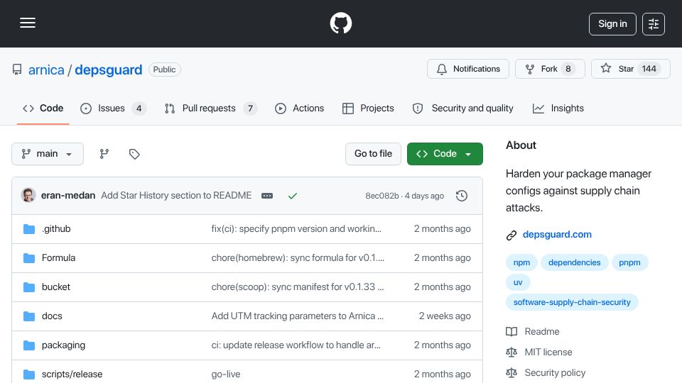 Screenshot of github.com: Show HN: DepsGuard – One command to harden NPM/pnpm/yarn/bun/uv configs