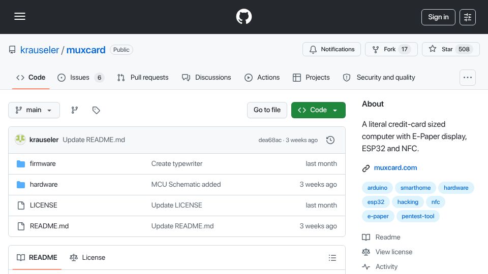 Screenshot of github.com: Muxcard, a DIY credit card size computer