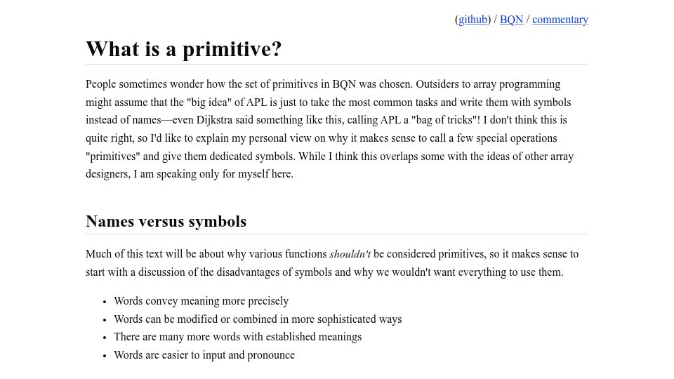 Screenshot of mlochbaum.github.io: BQN: What Is a Primitive?