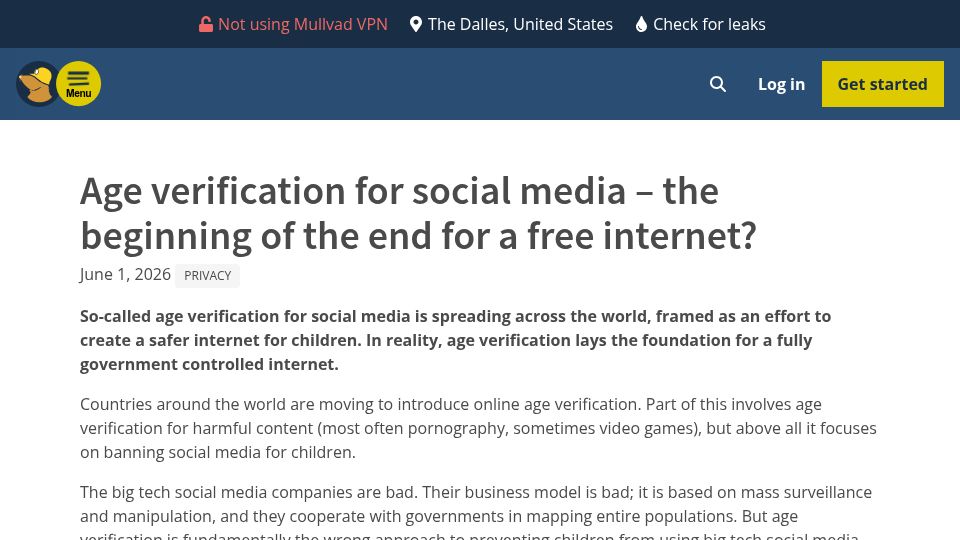 Screenshot of mullvad.net: Age verification for social media, the beginning of the end for a free internet?