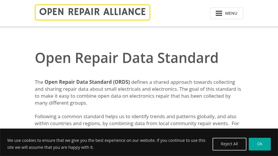 Screenshot of openrepair.org: Open Repair Data Standard