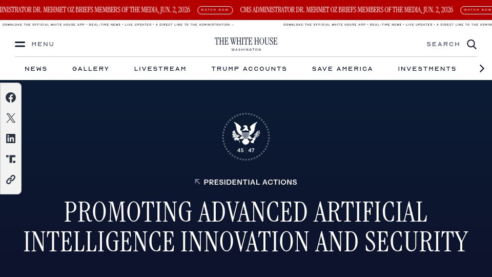 Screenshot of whitehouse.gov: Promoting Advanced Artificial Intelligence Innovation and Security