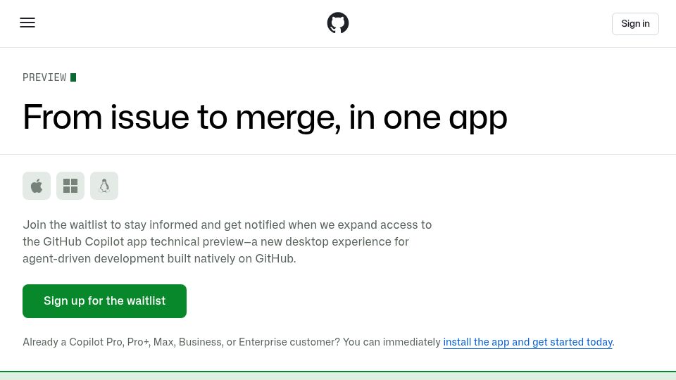 Screenshot of github.com: GitHub Copilot App