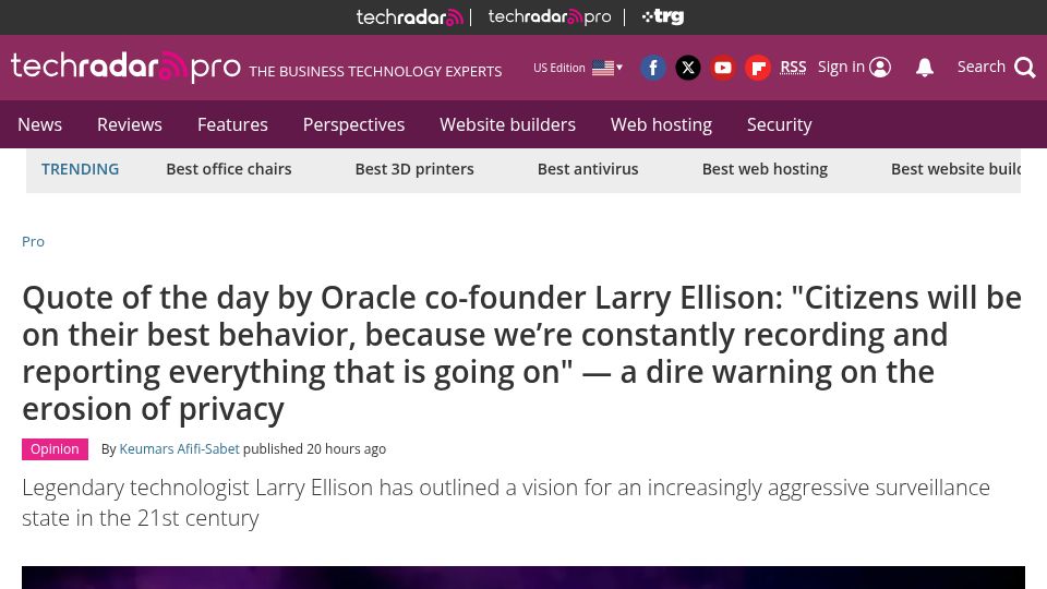 Screenshot of techradar.com: Larry Ellison: "Citizens will be on their best behavior because we’re recording"