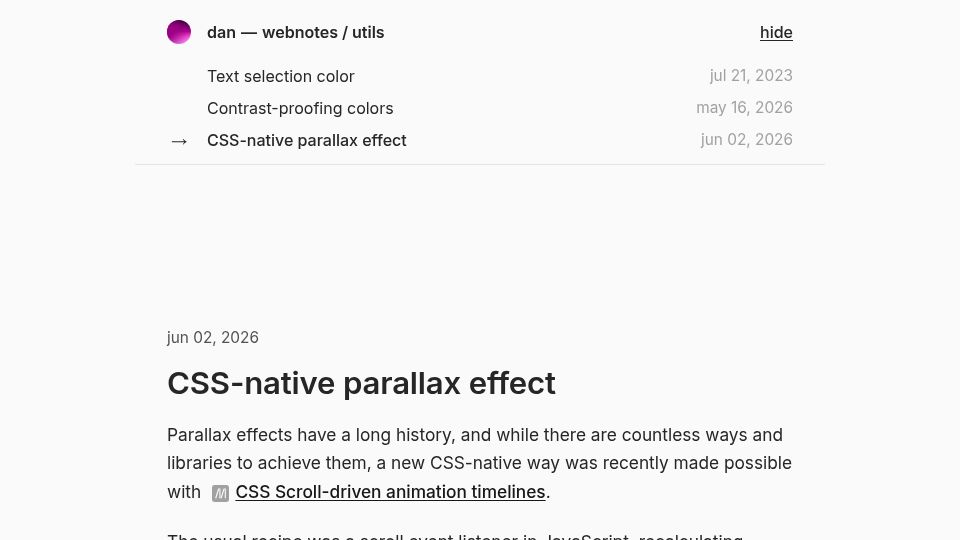 Screenshot of dan-webnotes.com: CSS-Native Parallax Effect