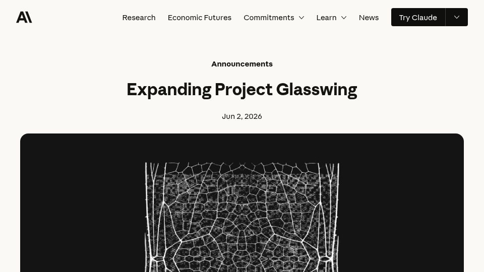 Screenshot of anthropic.com: Expanding Project Glasswing