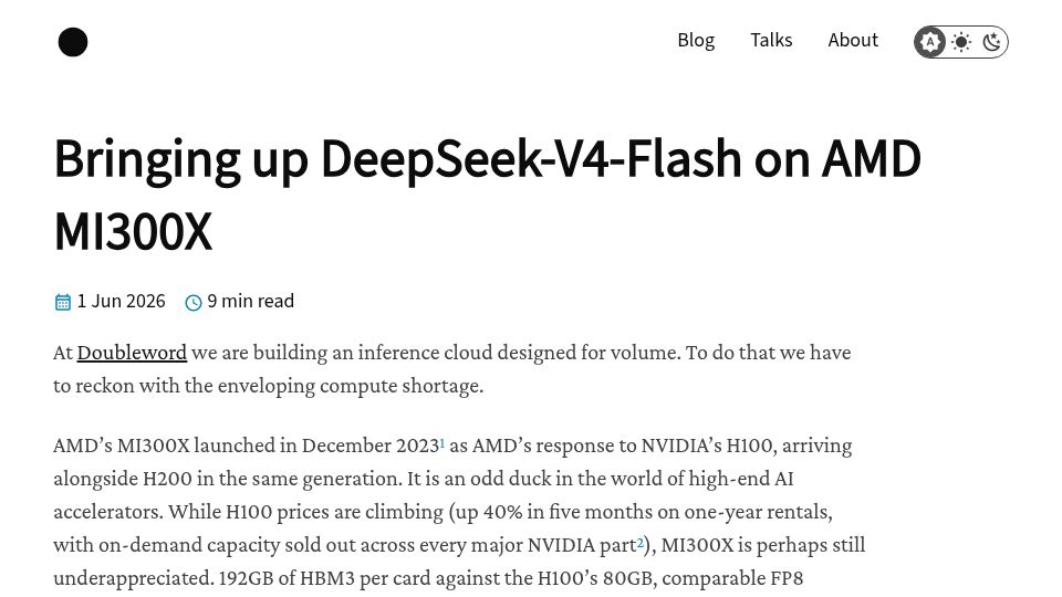 Screenshot of fergusfinn.com: Bringing Up DeepSeek-V4-Flash on AMD MI300X