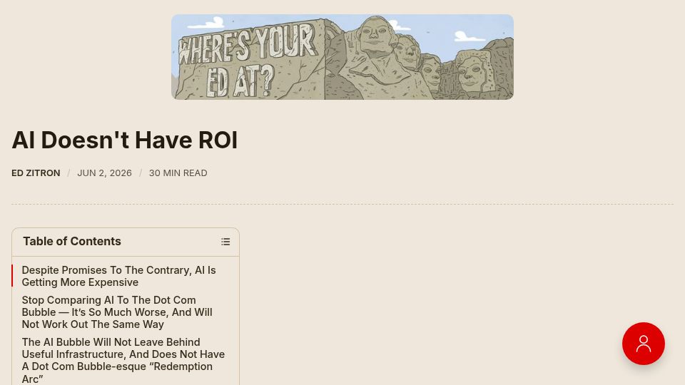 Screenshot of wheresyoured.at: AI Doesn't Have ROI