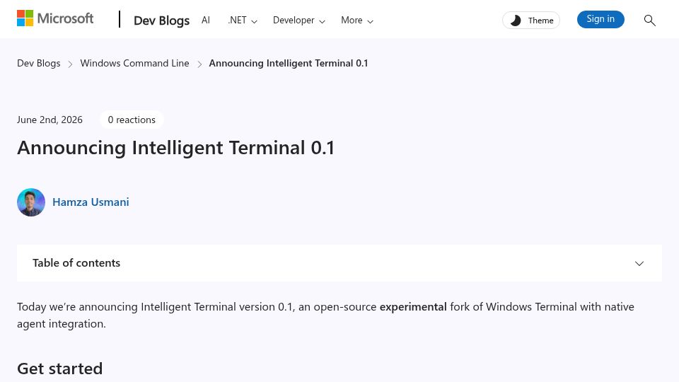 Screenshot of devblogs.microsoft.com: Intelligent Terminal 0.1