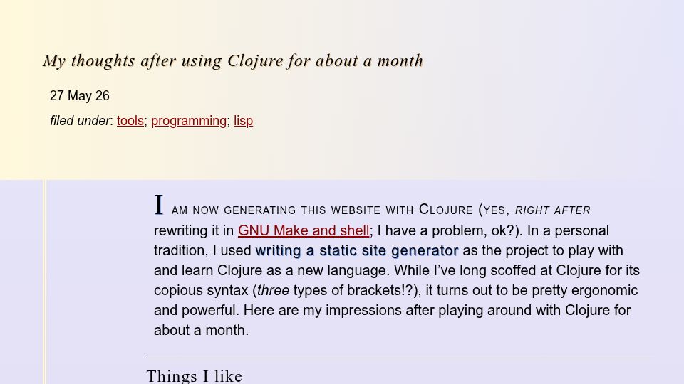 Screenshot of acdw.net: My thoughts after using Clojure for about a month