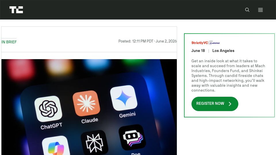 Screenshot of techcrunch.com: Uber caps employee AI spending after blowing through budget in four months