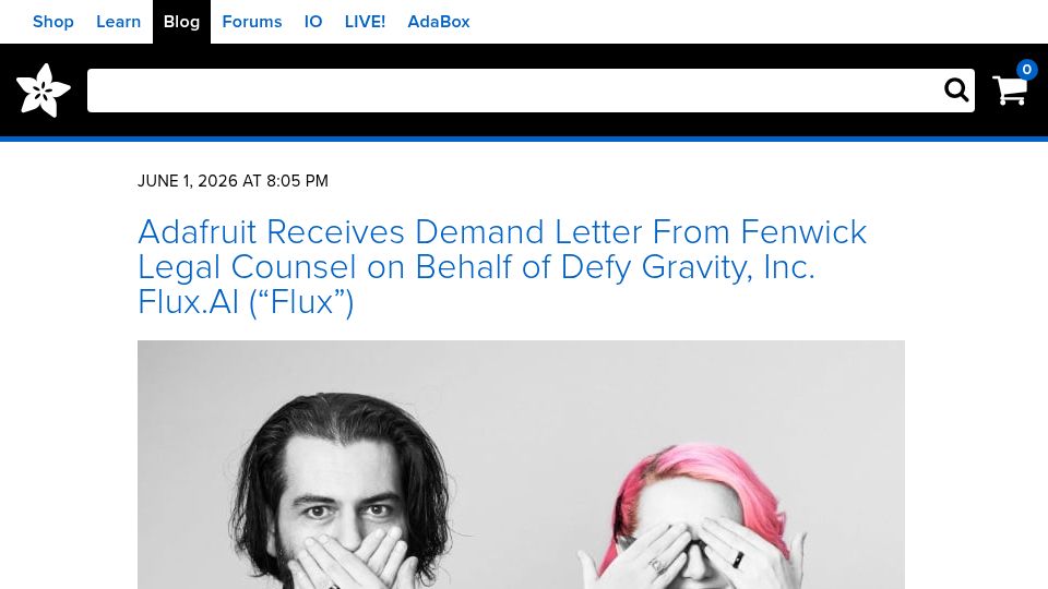 Screenshot of blog.adafruit.com: Adafruit receives demand letter from Fenwick legal counsel on behalf of Flux.ai