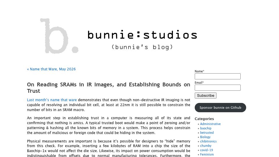 Screenshot of bunniestudios.com: On Reading SRAMs in IR Images, and Establishing Bounds on Trust