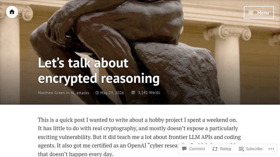 Screenshot of blog.cryptographyengineering.com: Fooling around with encrypted reasoning blobs