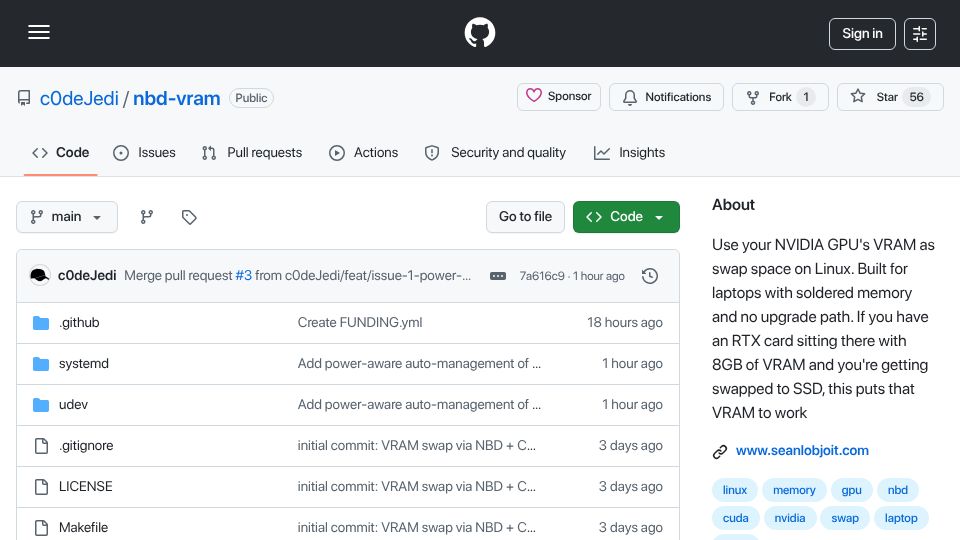Screenshot of github.com: Use your Nvidia GPU's VRAM as swap space on Linux