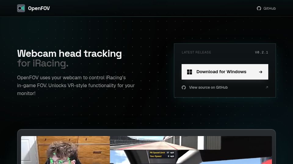 Screenshot of openfov.com: OpenFOV – Webcam head tracking for iRacing