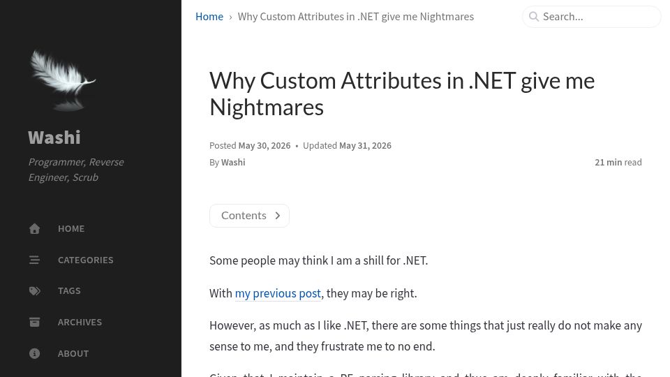 Screenshot of blog.washi.dev: Why Custom Attributes in .NET Give Me Nightmares