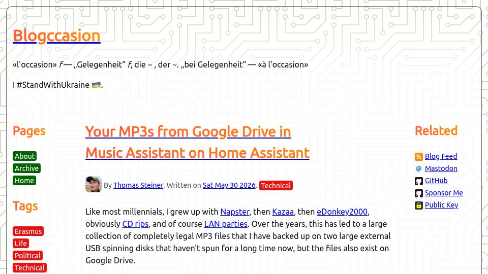 Screenshot of blog.tomayac.com: MP3s from Google Drive in Music Assistant on Home Assistant