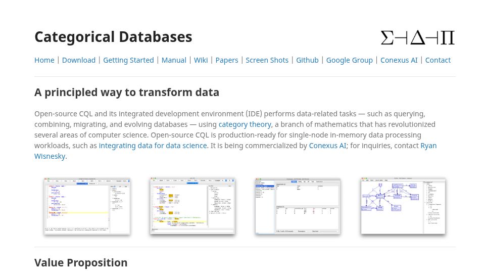 Screenshot of categoricaldata.net: CQL: Categorical Databases