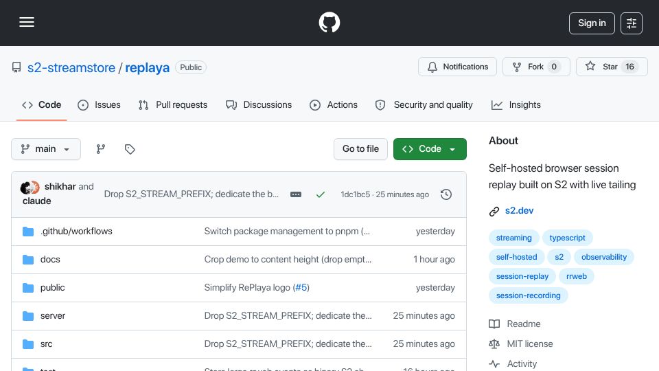 Screenshot of github.com: Show HN: RePlaya – self-hosted browser session replay with live tailing