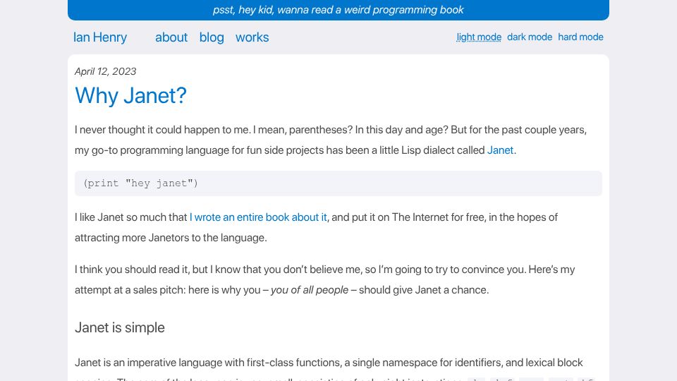 Screenshot of ianthehenry.com: Why Janet? (2023)